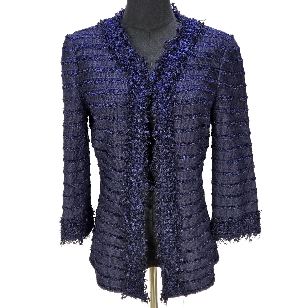 Women's St. John Sz 4 Evening Wool Rayon Navy Metallic Fringe Knit Lady Jacket